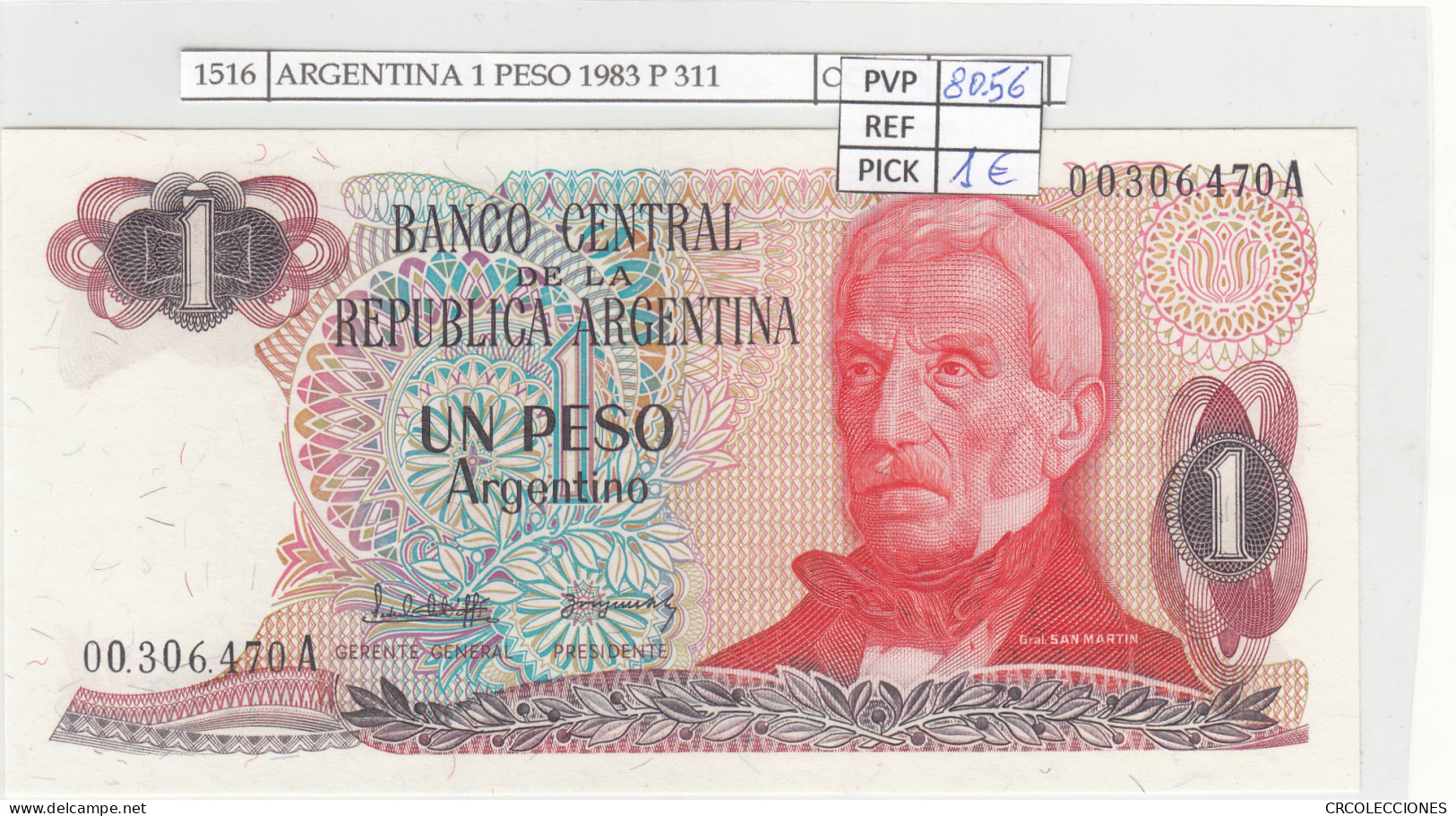 BILLETE ARGENTINA 1 PESO 1983 P-311a.1 N01516 - Sonstige – Amerika