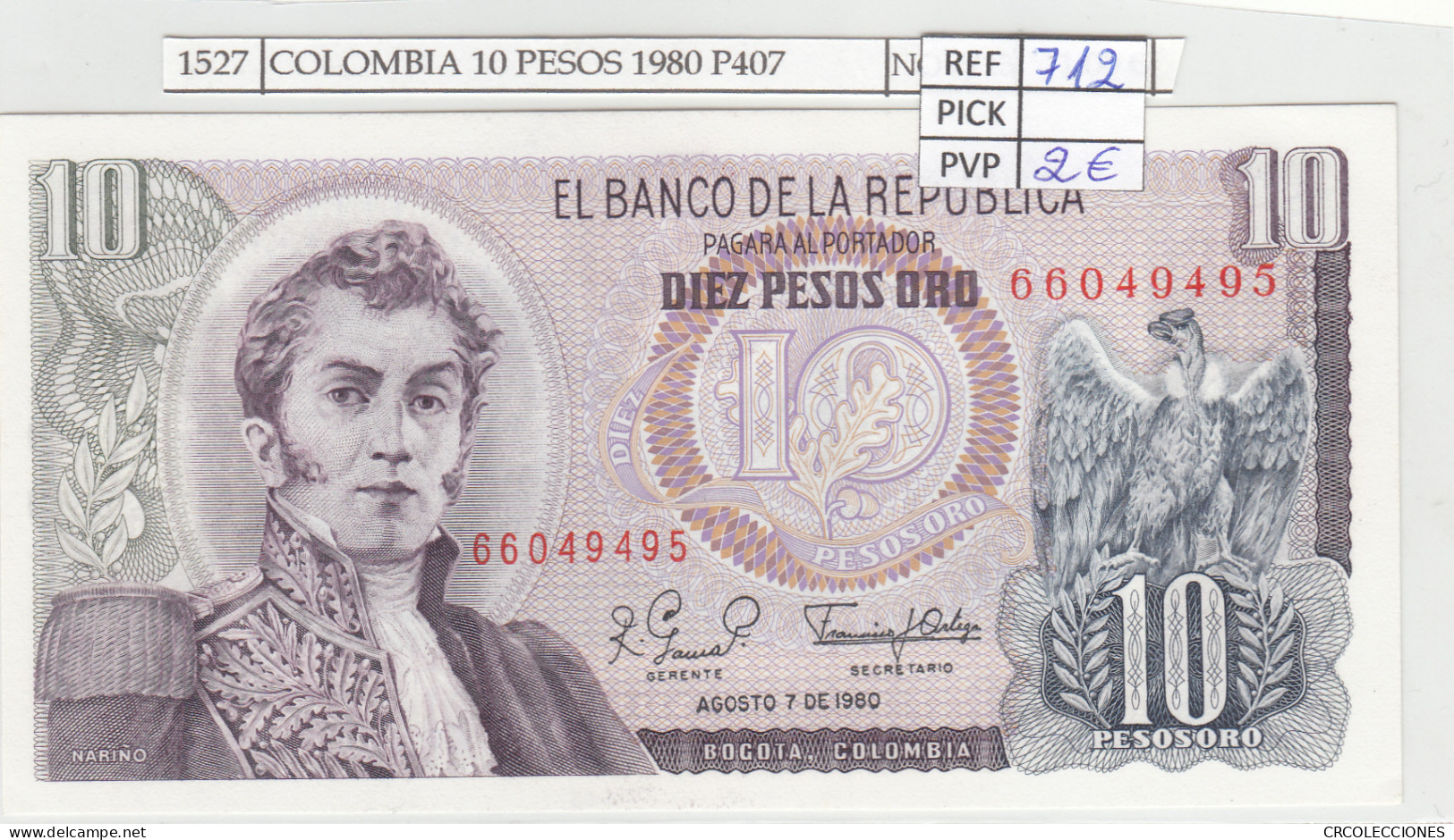 BILLETE COLOMBIA 10 PESOS 1980 P-407g.2 N01527 - Altri – America