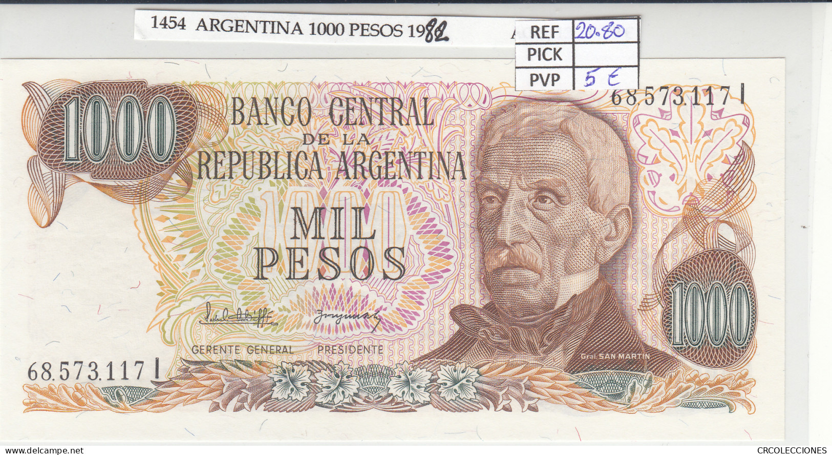 BILLETE ARGENTINA 1000 PESOS 1982 P-304d.2 N01454 - Altri – America