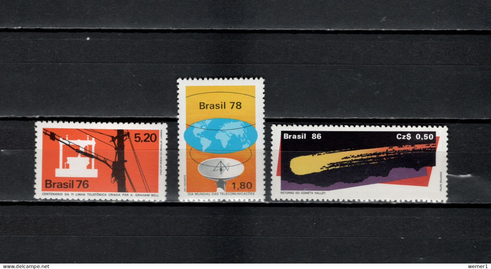Brazil 1976/1986 Space, Telephone Centenary, World Telecommunication Day, Halley's Comet 3 Stamps MNH - Amérique Du Sud