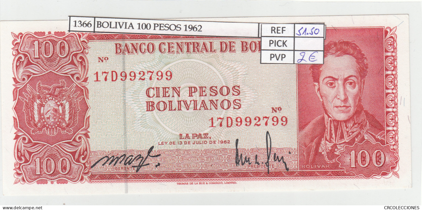 BILLETE BOLIVIA 100 PESOS 1962 P-163a.14 N01366 - Other - America