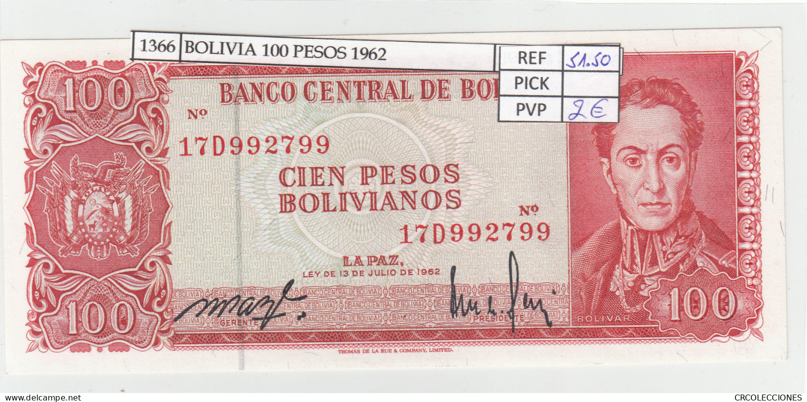 BILLETE BOLIVIA 100 PESOS 1962 P-163a.14 N01366 - Sonstige – Amerika