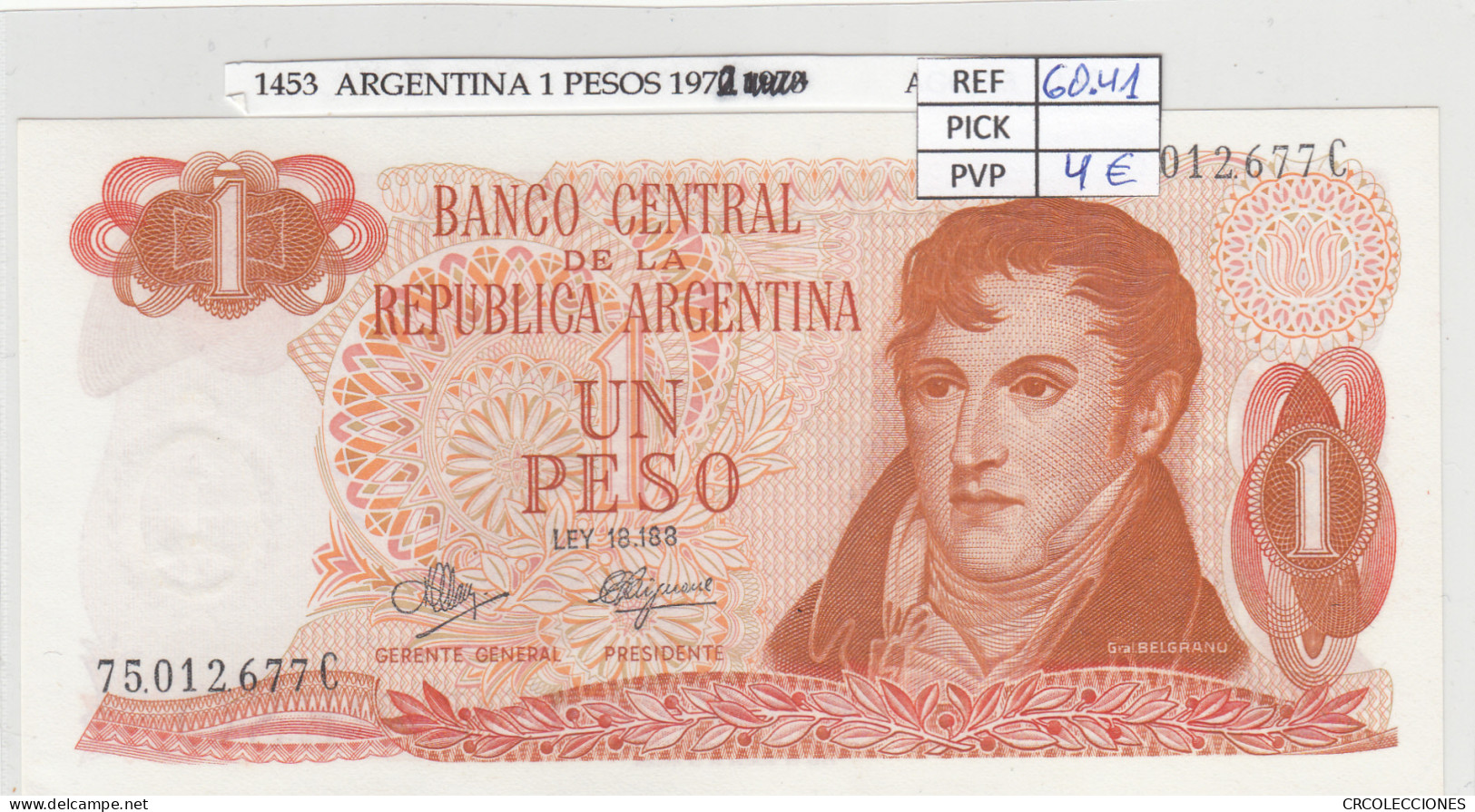 BILLETE ARGENTINA 1 PESOS 1972 P-287a.3 N01453 - Sonstige – Amerika