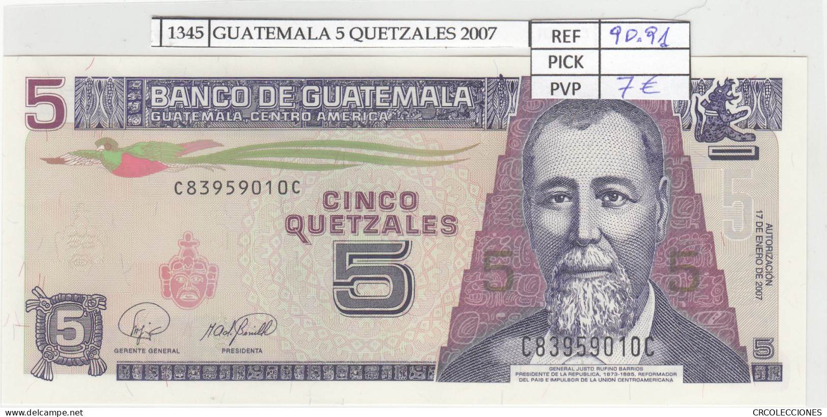 BILLETE GUATEMALA 5 QUETZALES 2007 P-106c N01345 - Other - America