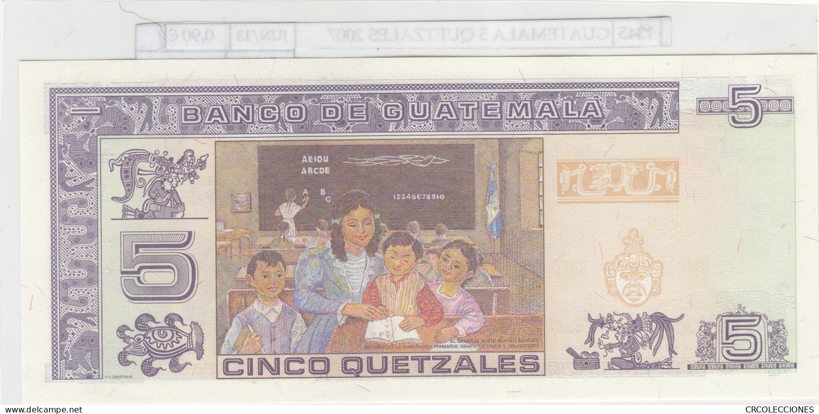 BILLETE GUATEMALA 5 QUETZALES 2007 P-106c N01345 - Altri – America