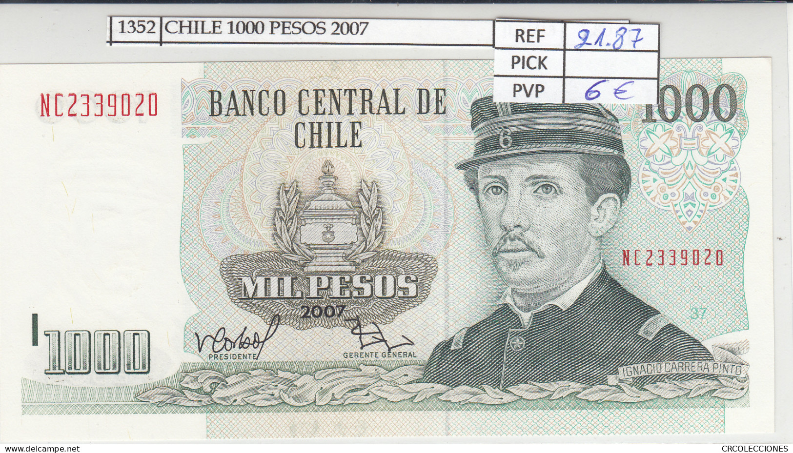 BILLETE CHILE 1.000 PESOS 2007 P-154g.2a N01352 - Sonstige – Amerika