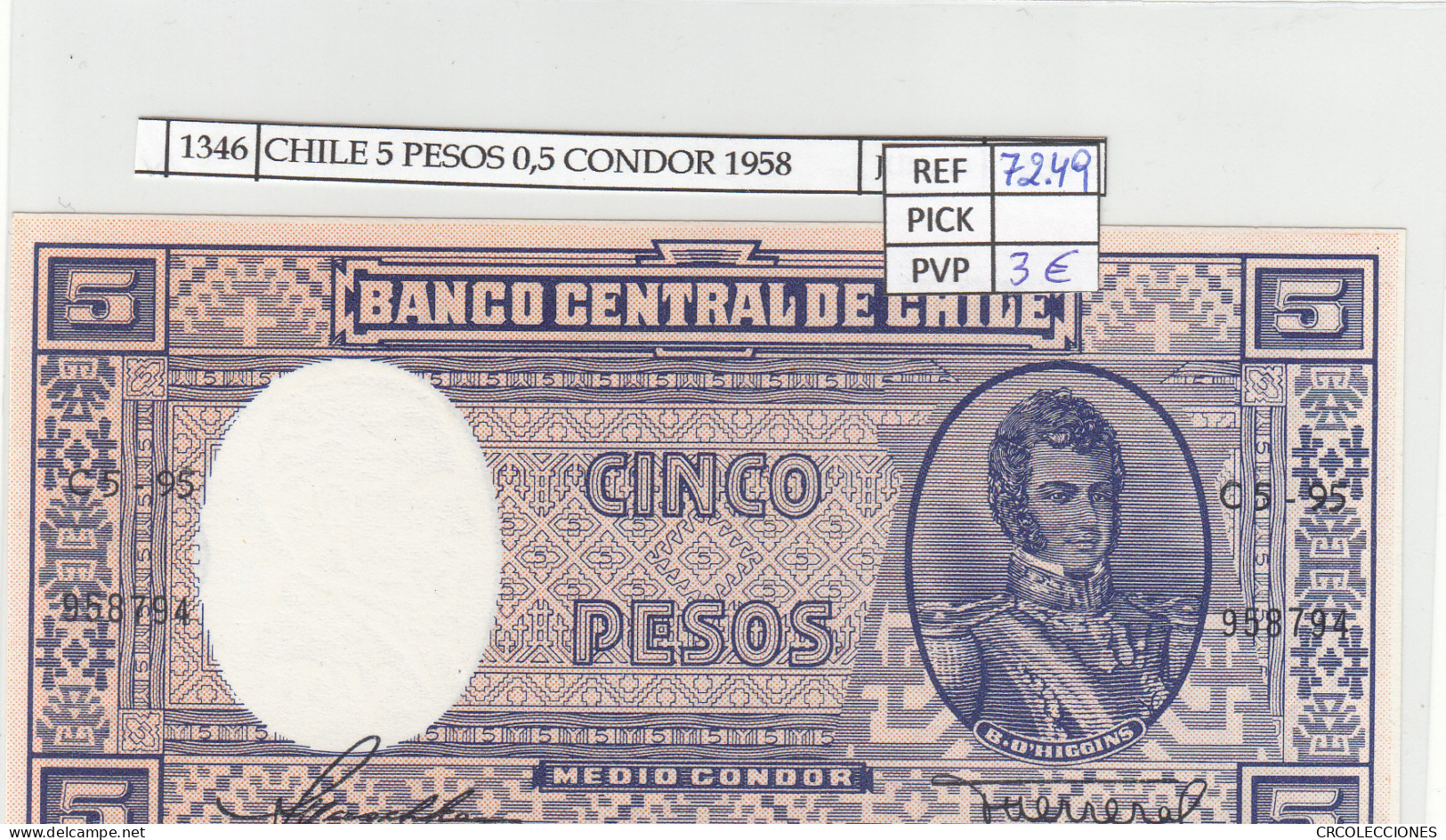 BILLETE CHILE 5 PESOS 0,5 CONDOR 1958 P-119a.1 N01346 - Sonstige – Amerika