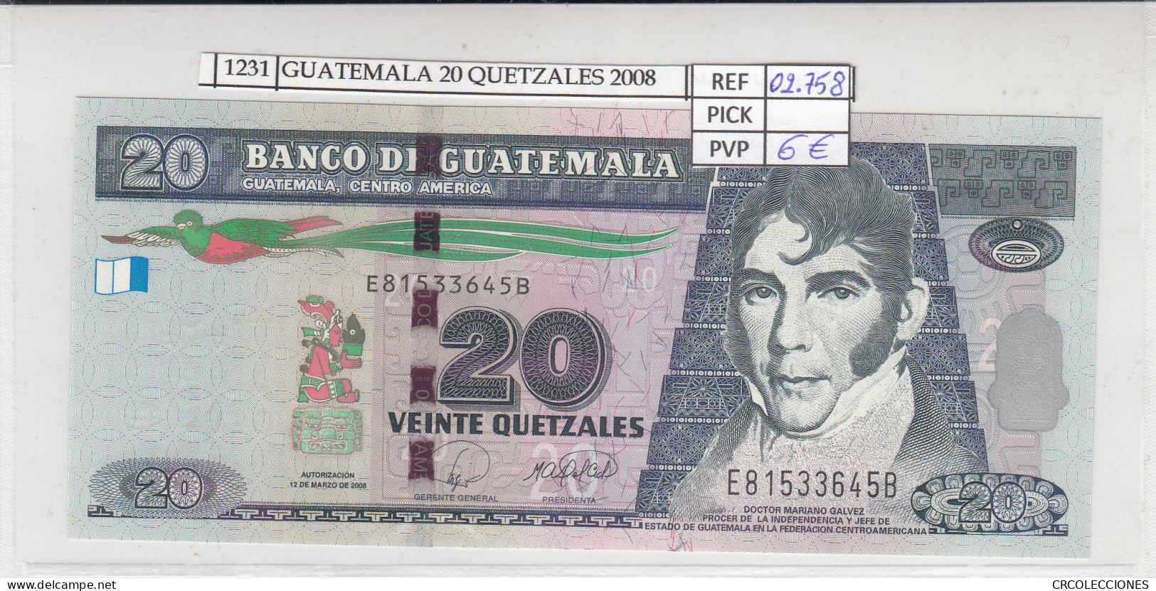 BILLETE GUATEMALA 20 QUETZALES 2008 P-118 N01231 - Sonstige – Amerika