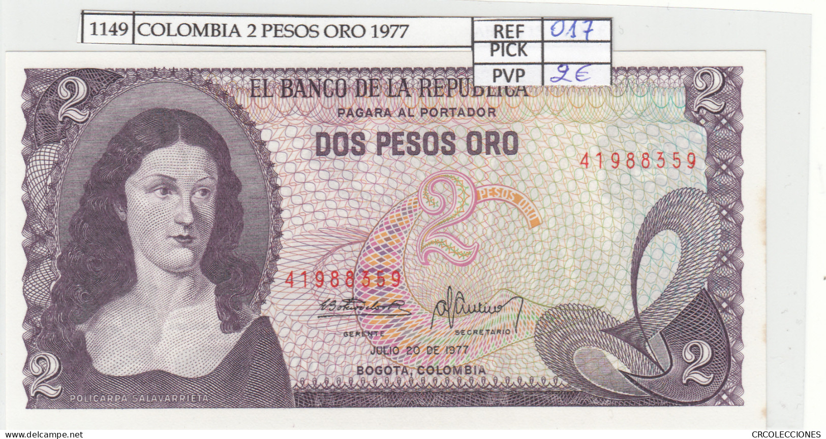 BILLETE COLOMBIA 2 PESOS ORO 1977 P-413b.3 N01149 - Autres - Amérique