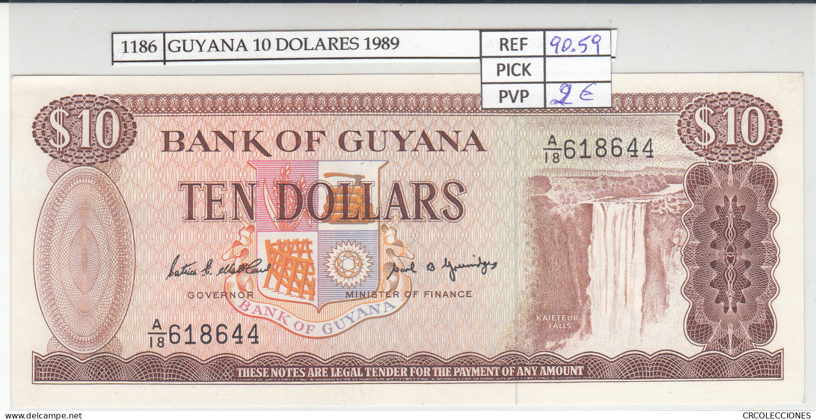 BILLETE GUYANA 10 DOLARES 1989 P-23d N01186 - Otros – América