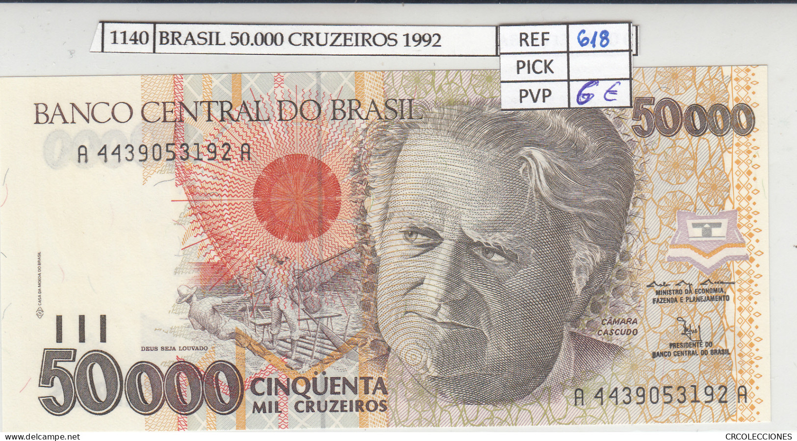 BILLETE BRASIL 50.000 CRUZEIROS 1992 P-234a N01140 - Autres - Amérique