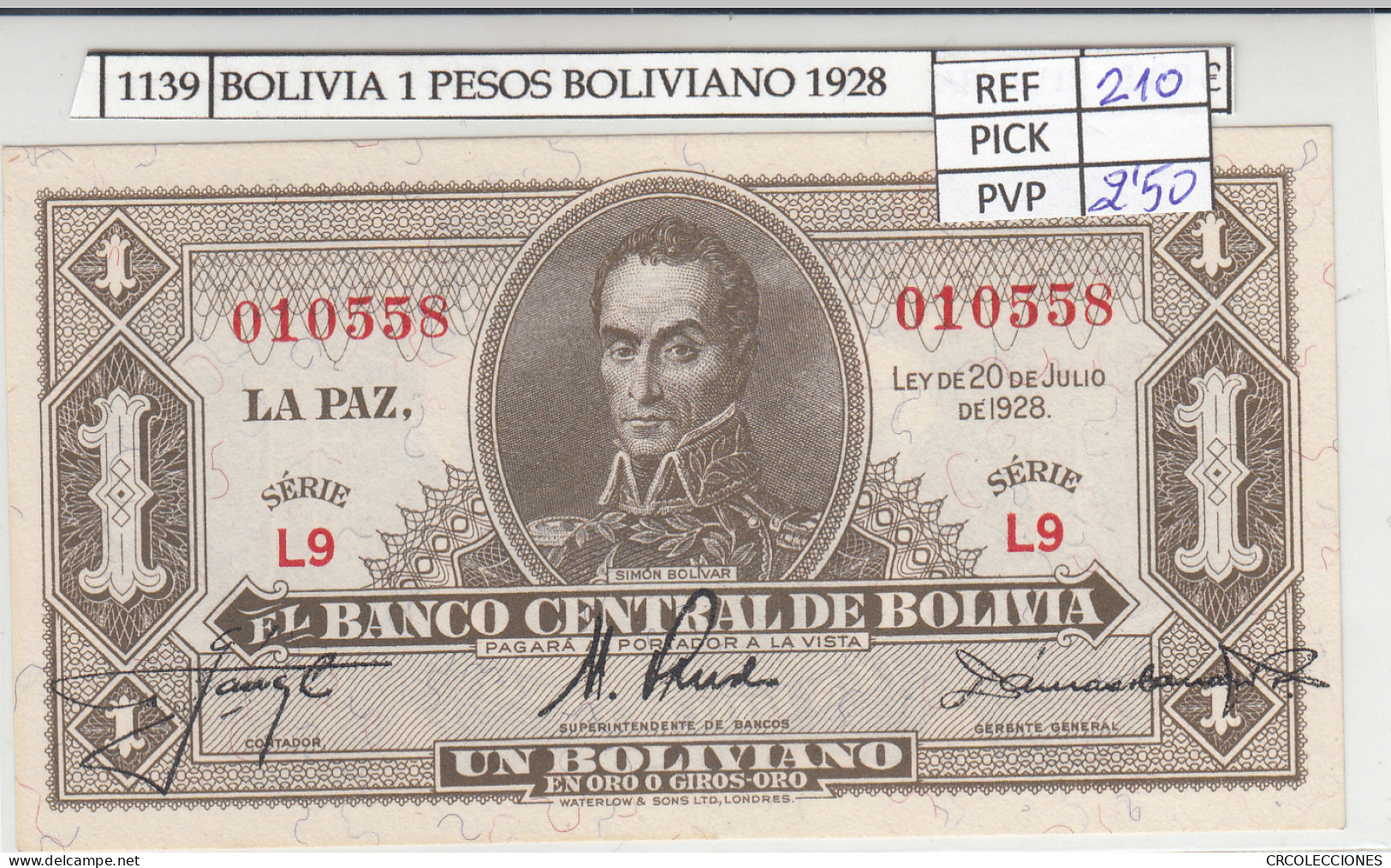 BILLETE BOLIVIA 1 PESO BILLETE BOLIVIANO 1928 P-128a.3 N01139 - Autres - Amérique