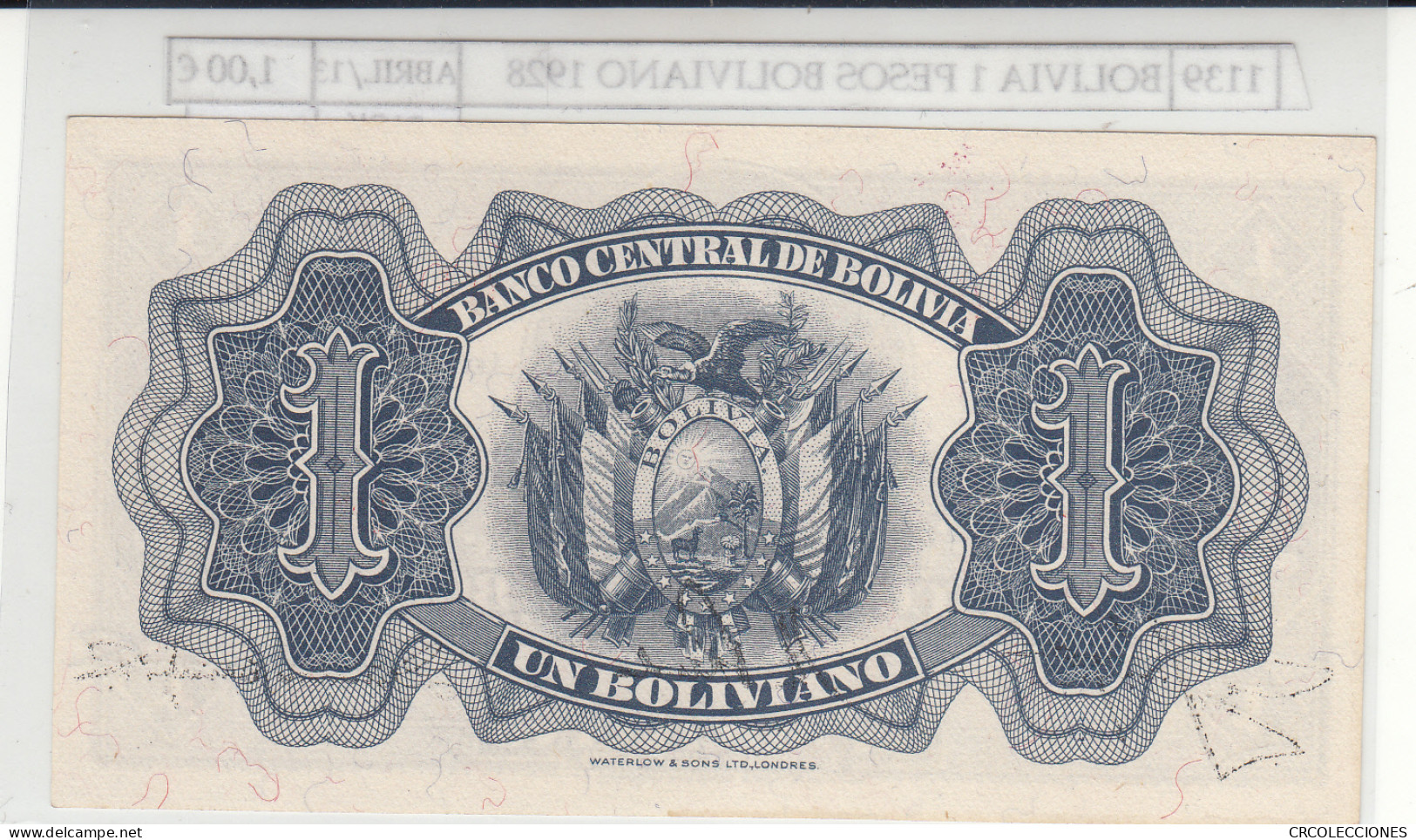 BILLETE BOLIVIA 1 PESO BILLETE BOLIVIANO 1928 P-128a.3 N01139 - Sonstige – Amerika