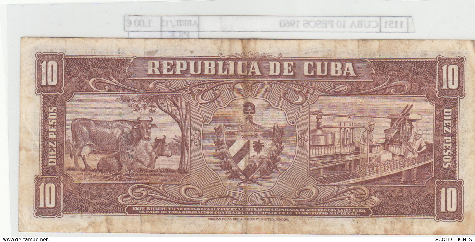 BILLETE CUBA 10 PESOS 1960 P-88c N01151 - Autres - Amérique