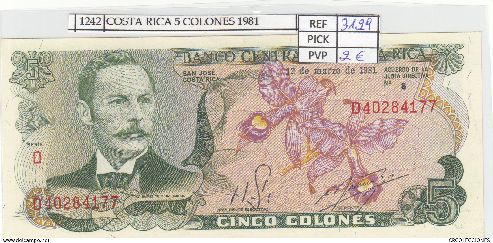 BILLETE COSTA RICA 5 COLONES 1981 P-236d.12 N01242 - Autres - Amérique