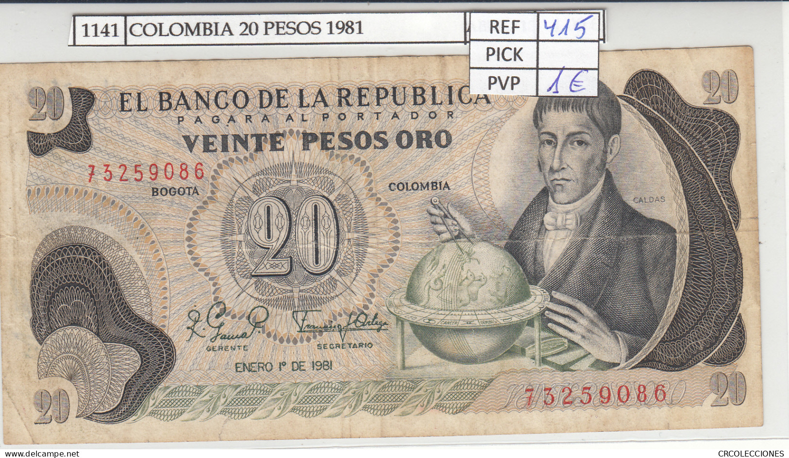 BILLETE COLOMBIA 20 PESOS 1981 P-409d.2 N01141 - Sonstige – Amerika