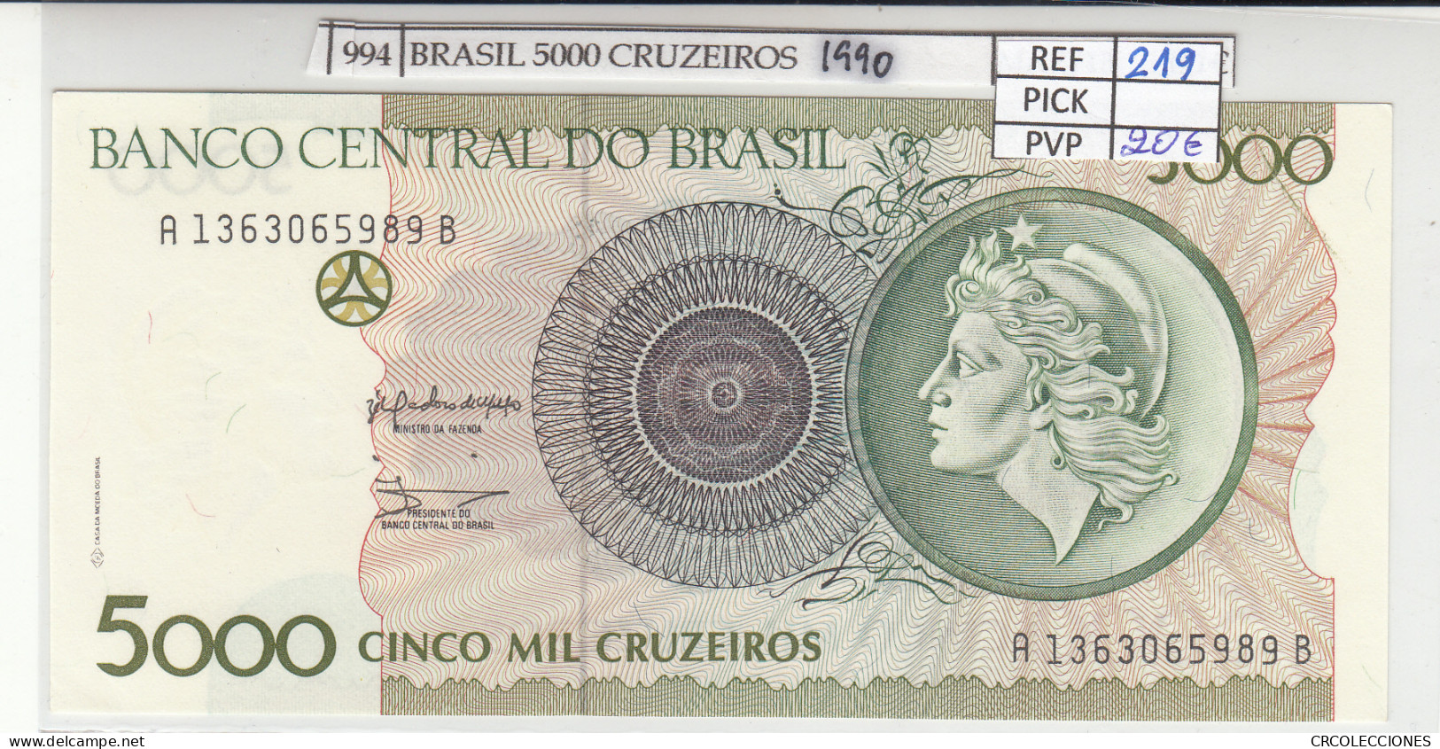 BILLETE BRASIL 5.000 CRUZEIROS 1990 P-227a - Otros – América