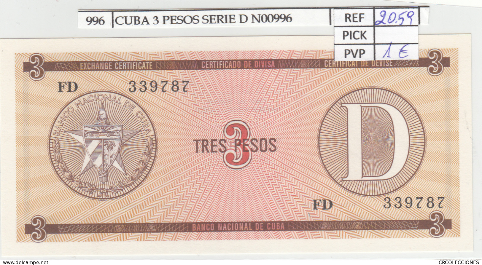 BILLETE CUBA 3 PESOS SERIE D 1985 P-FX33 - Autres - Amérique