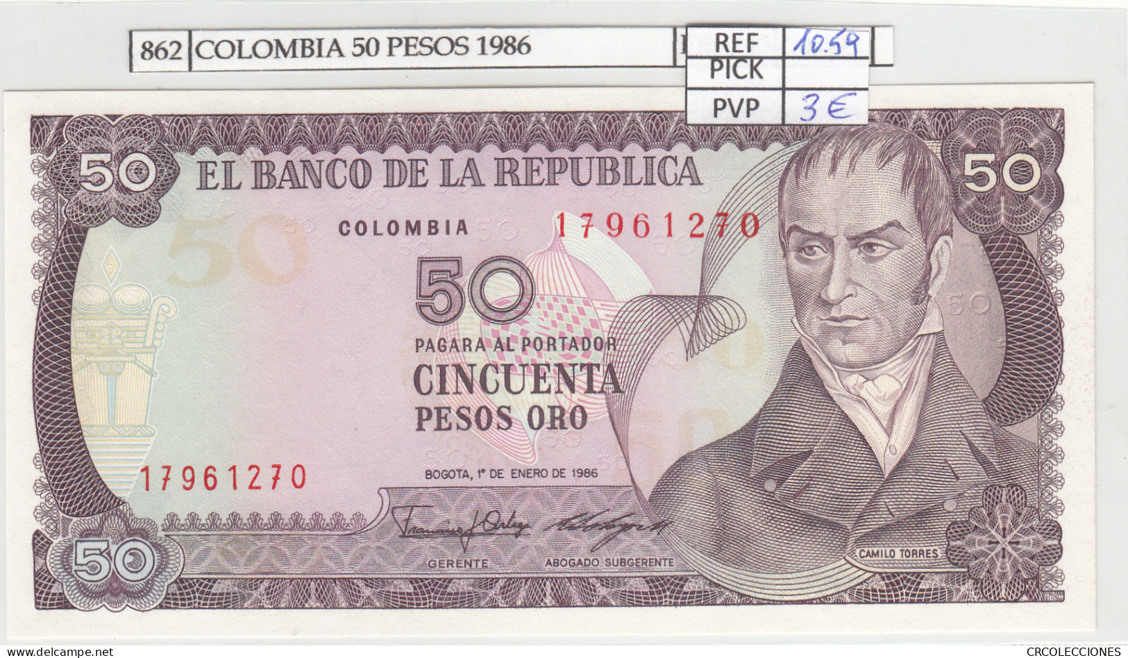 BILLETE COLOMBIA 50 PESOS 1986 P-425b - Otros – América