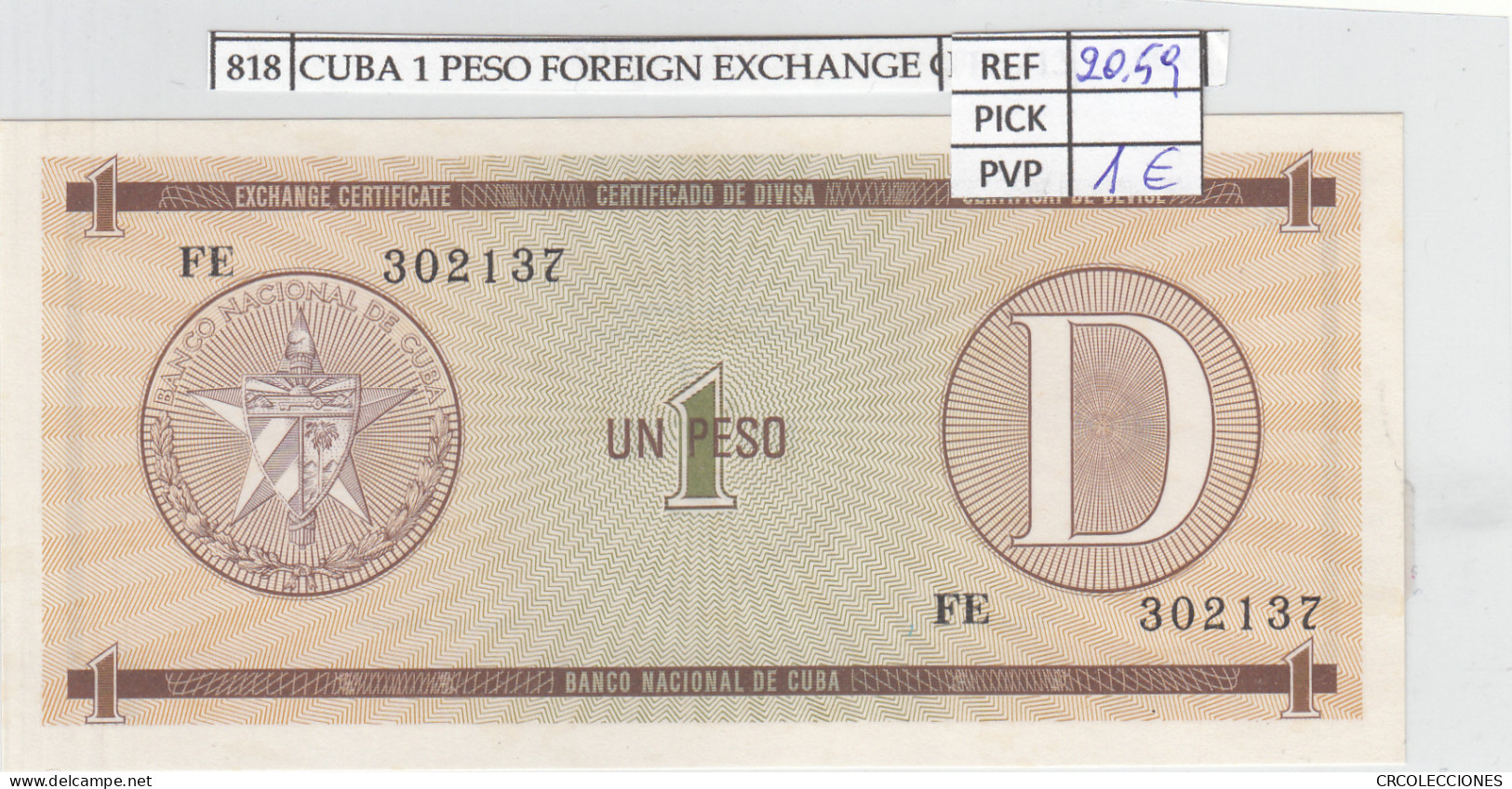 BILLETE CUBA 1 PESO SERIE D 1985 P-FX32  - Sonstige – Amerika