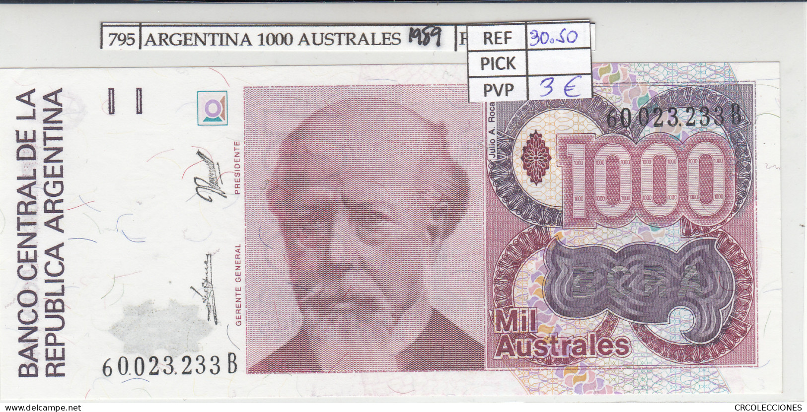 BILLETE ARGENTINA 1000 AUSTRALES 1989 P-329c - Autres - Amérique