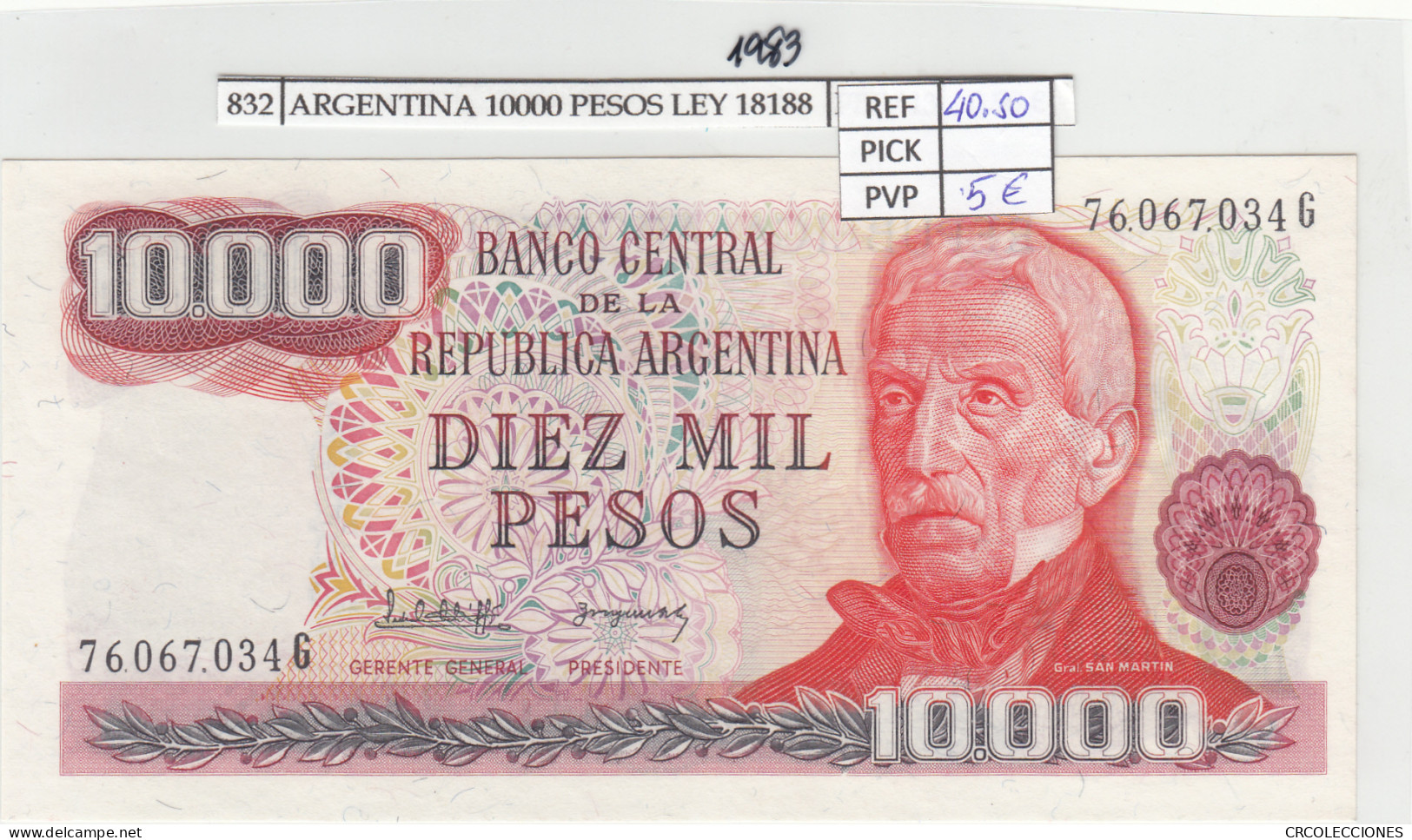 BILLETE ARGENTINA 10.000 PESOS 1983 P-306b - Otros – América