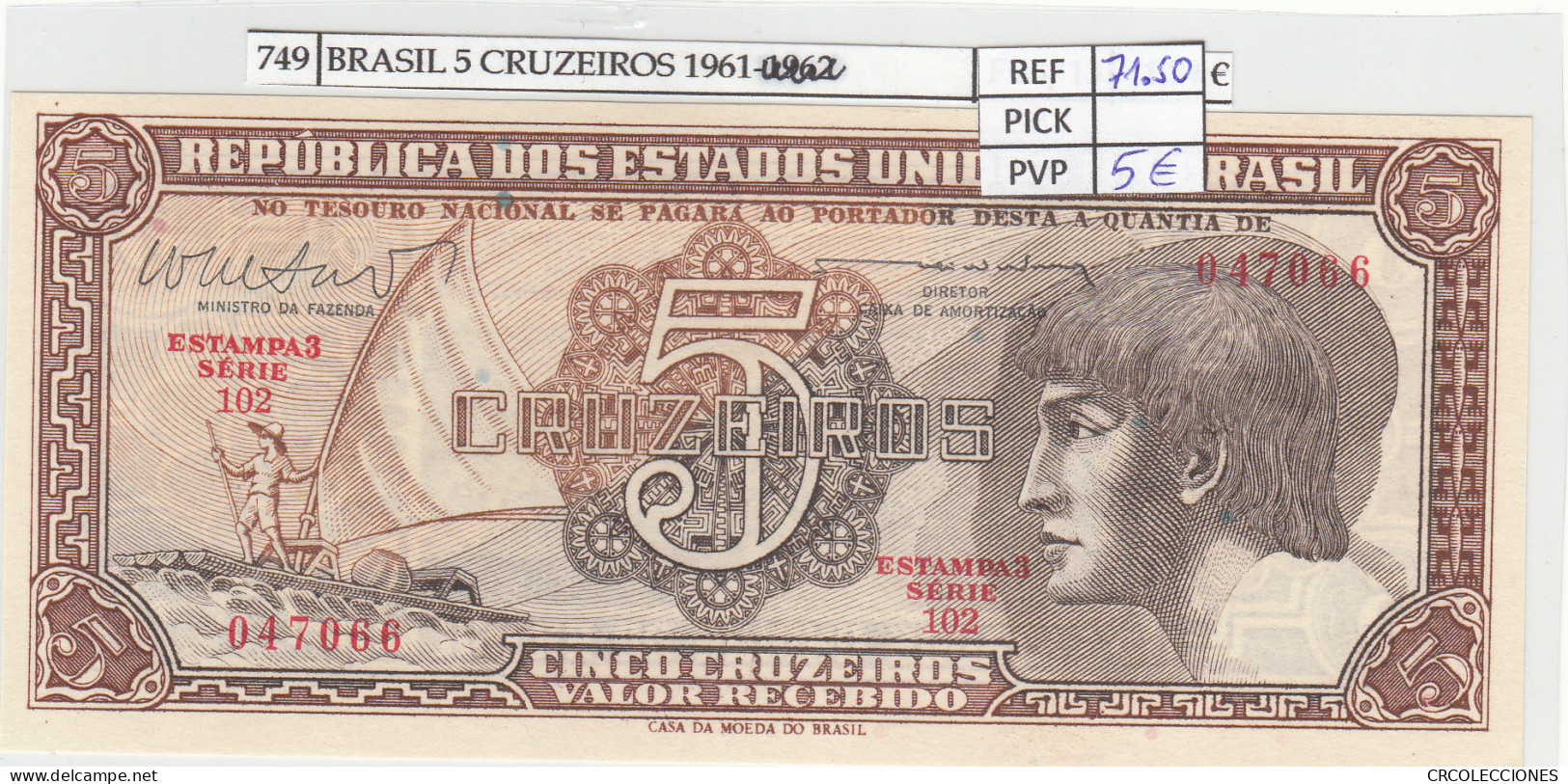 BILLETE BRASIL 5 CRUZEIROS 1961 P-166b - Other - America