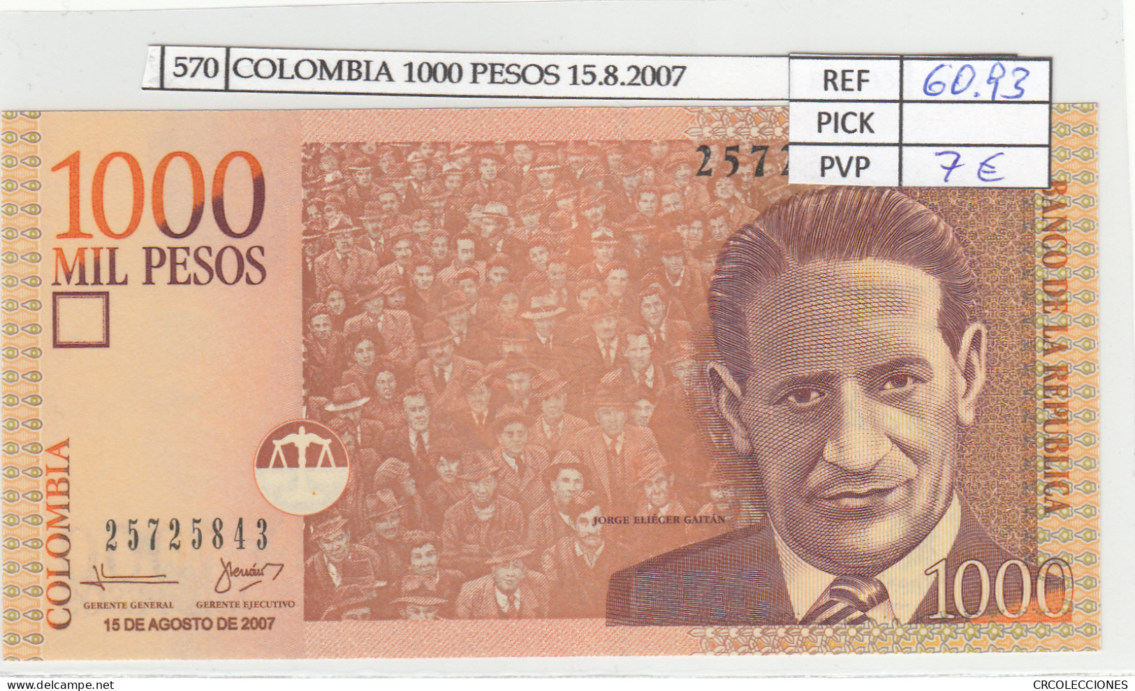 BILLETE COLOMBIA 1.000 PESOS 15.8. 2007 P-456i - Autres - Amérique