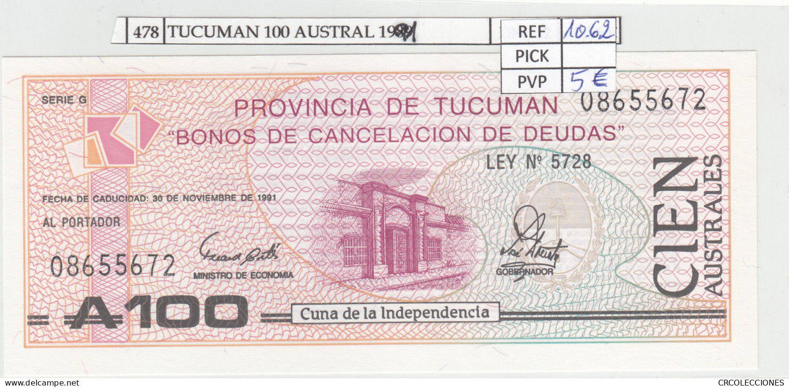 BILLETE ARGENTINA TUCUMAN 100 AUSTRAL 19891 P-S2715 - Sonstige – Amerika