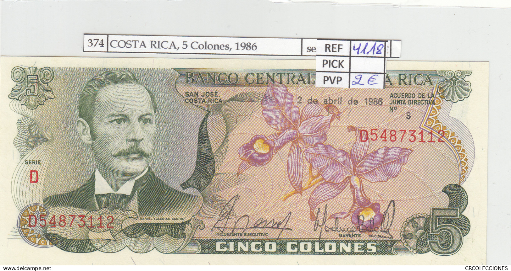 BILLETE COSTA RICA 5 COLONES 1986 P-236d.18 - Altri – America
