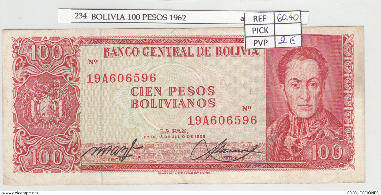 BILLETE BOLIVIA 100 PESOS 1962 P-164Аa.2 - Autres - Amérique