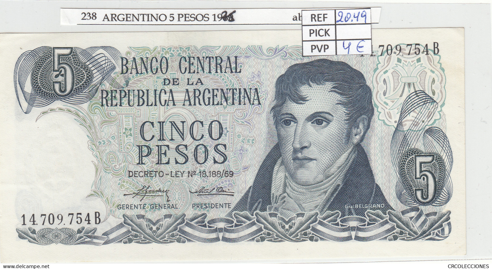 BILLETE ARGENTINA 5 PESOS 1975 (74) P-294a.2 - Altri – America