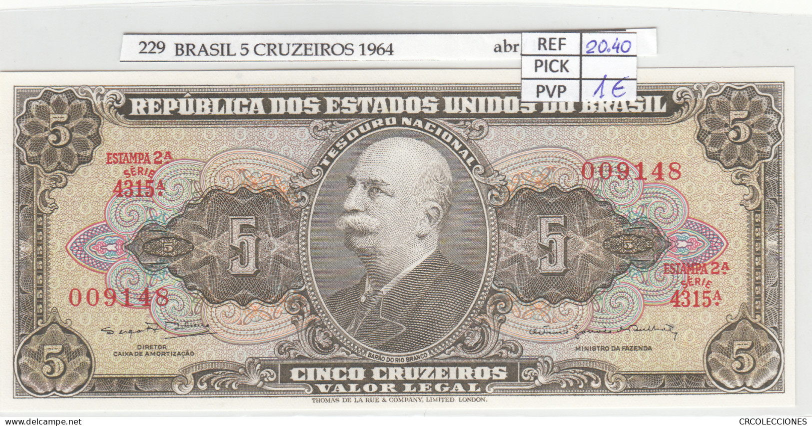 BILLETE BRASIL 5 CRUZEIROS 1964 P-176d.3 - Autres - Amérique