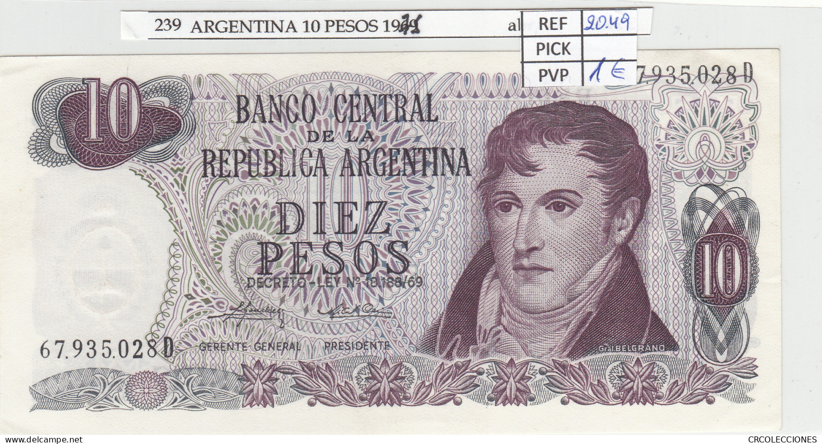 BILLETE ARGENTINA 10 PESOS 1975 P-295a.3 - Autres - Amérique