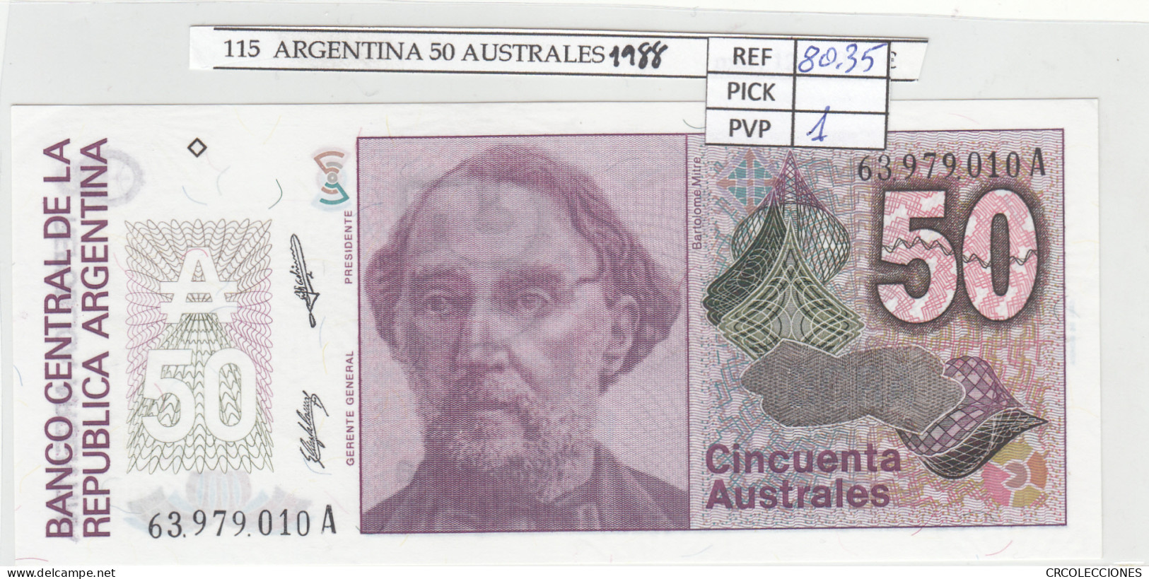 BILLETE ARGENTINA 50 AUSTRALES 1988 P-326b.2 - Other - America