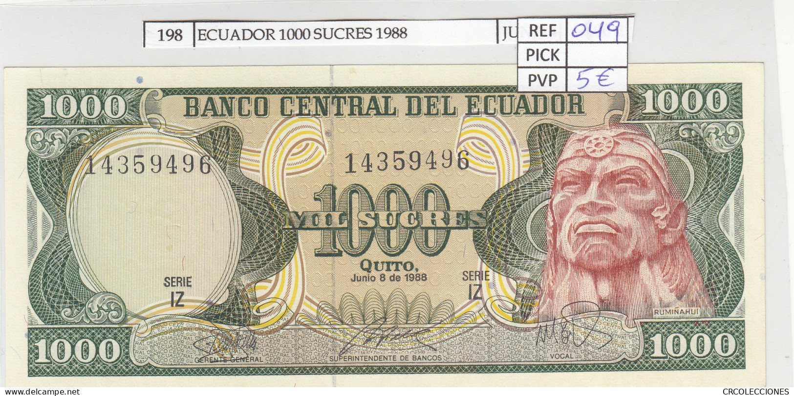 BILLETE ECUADOR 1000 SUCRES 1988 P-125b.5 N00198 - Other - America