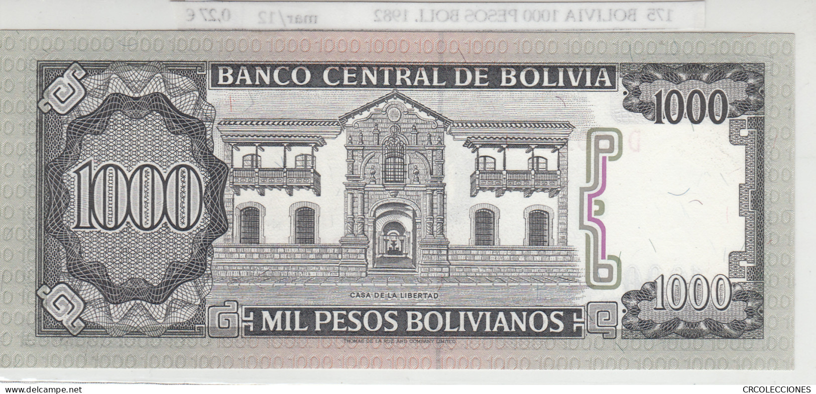 BILLETE BOLIVIA 1.000 PESOS BILLETE BOLIVIANOS 1982 P-167a.1 - Otros – América