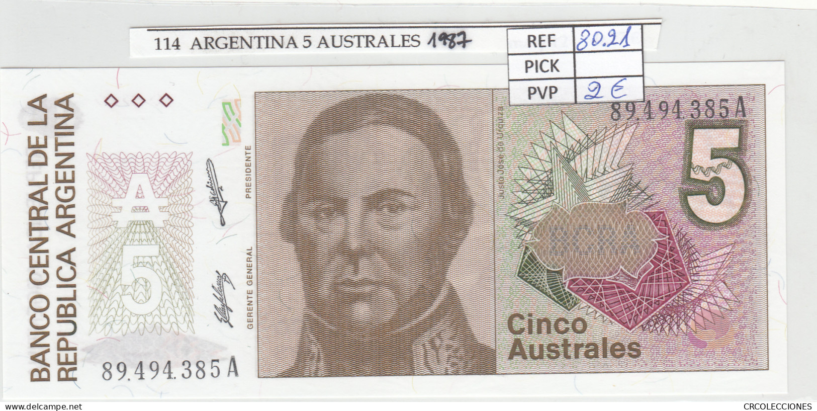 BILLETE ARGENTINA 5 AUSTRALES 1987 P-324b - Other - America