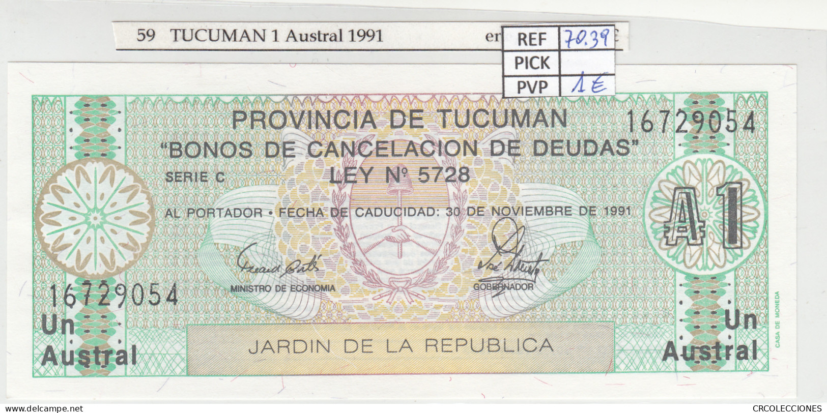 BILLETE ARGENTINA TUCUMAN 1 AUSTRAL 1991 P-S2711b.1 - Otros – América
