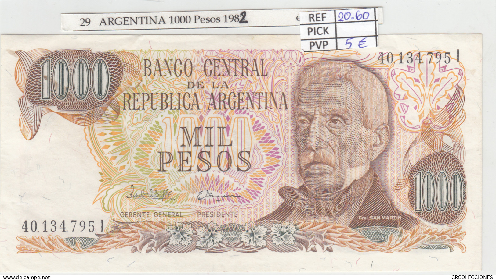BILLETE ARGENTINA 1.000 PESOS 1982 P-304d.1 - Altri – America