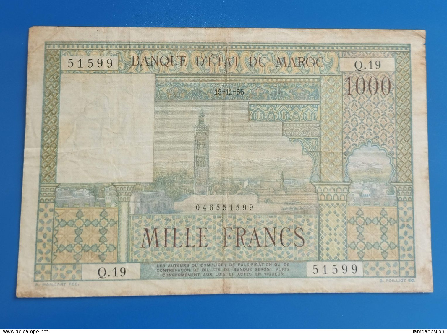 BANQUE D'ETAT DU  MAROC MOROCCO  MARRUECOS 1000 FRANCS 15-11-1956 - Marruecos