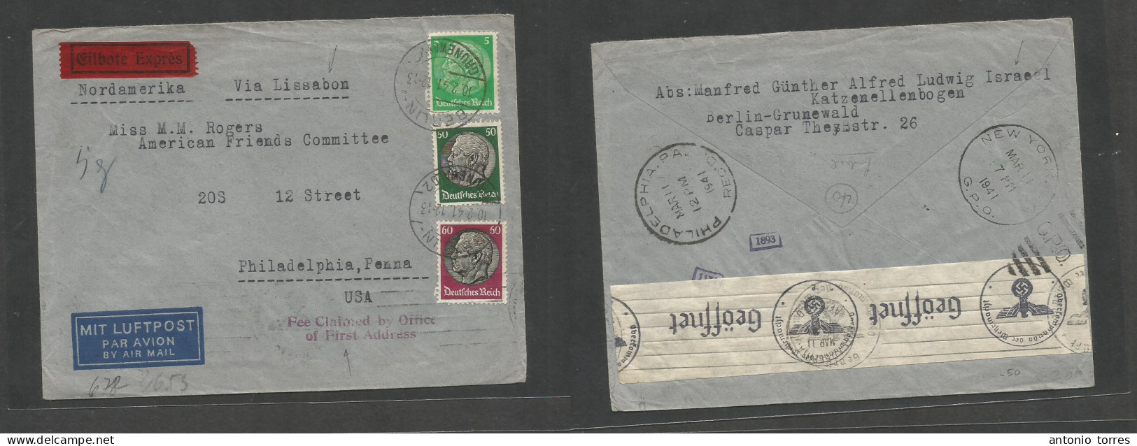 Germany - Xx. 1941 (10 Febr) Berlin - USA, Philadephia, PA (11 March) Express Air Multifkd Env, Reverse Nazi Censored, R - Other & Unclassified