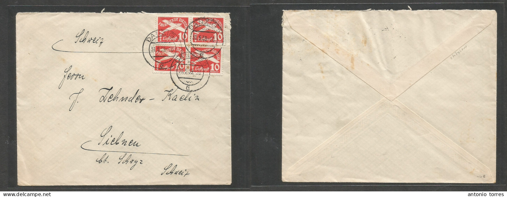 Germany - Danzig. 1939 (31 May) GPO - Siebnen, Switzerland. Late Issue 10 Pf Red (x4) Tied Cds. Scarce On Cover, Post Pr - Sonstige & Ohne Zuordnung