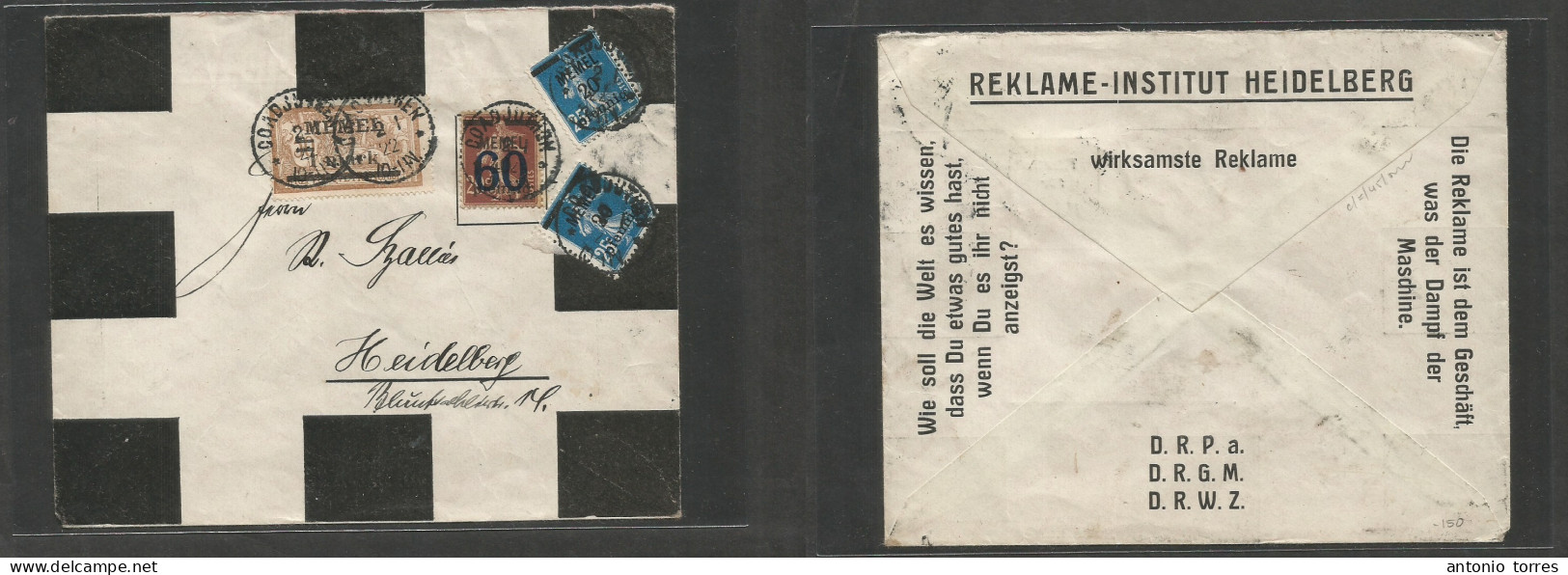 Memel. 1922 (2 Jan) Coadjuthon - Heidenberg. Multifkd Weird Illustrated Envelope, Ovptd Issues, Tied Cds. A Very Origina - Otros & Sin Clasificación