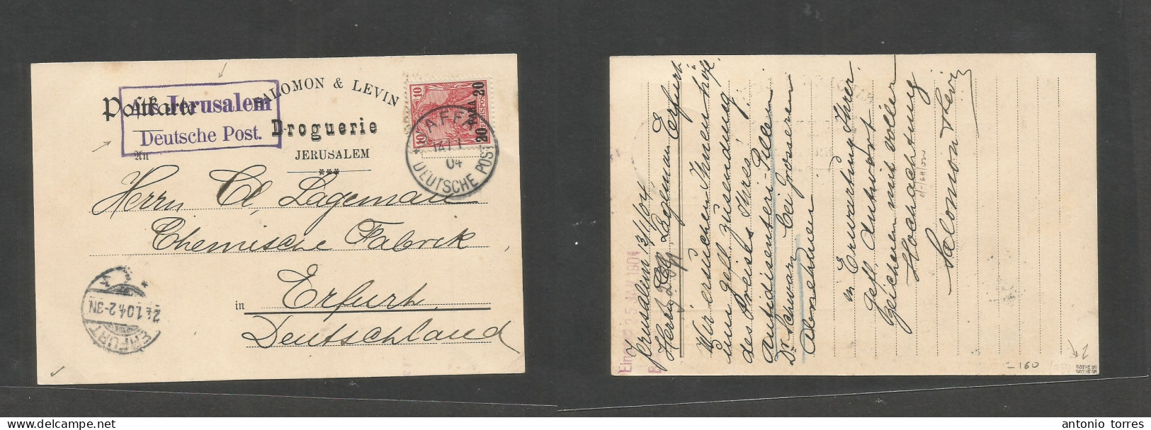 German Levant. 1904 (14 Nov) Palestine, Jaffa - Germany, Erfurt (24 Nov) Fkd Private Business Card + Special Lilac Cache - Other & Unclassified