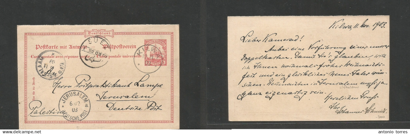 German Col-East Africa. 1903 (11-12 Nov) Kilwa - Jerusalem, Palestina (6 Dec 03) German PO 5 Pesa Red Stat Card. Via Dar - Altri & Non Classificati