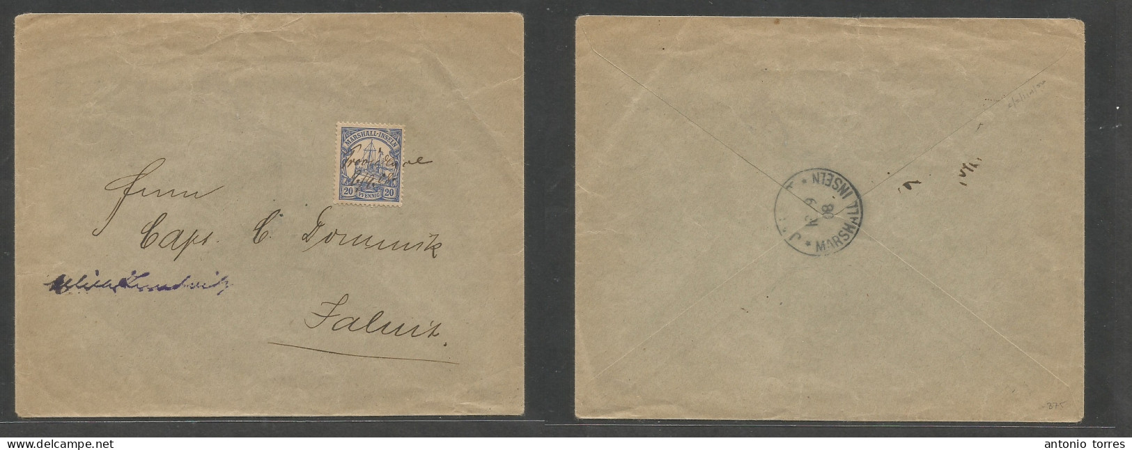 German Col-Marshall Islands. 1909 (9 Sept) Providence - Jaluit (18 Sept) Local 20 Pf Blue Fkd Env, Tied Manuscript Date - Otros & Sin Clasificación