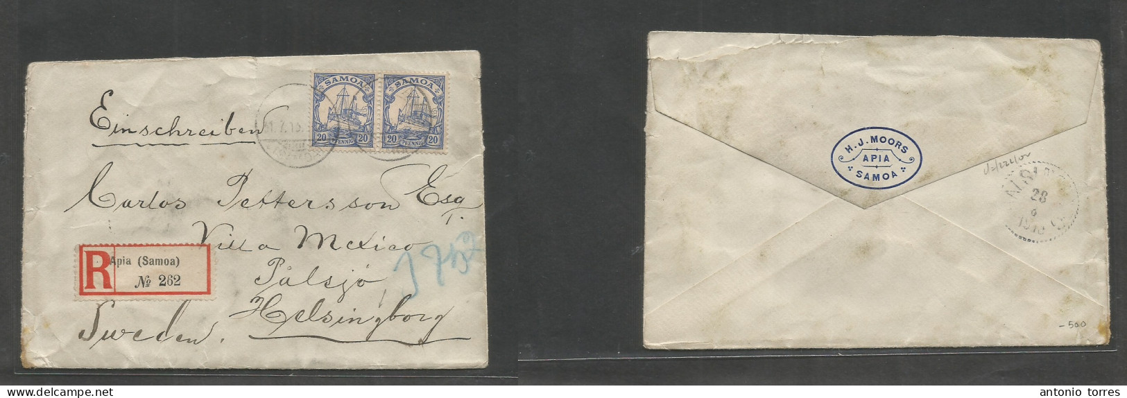German Col-Samoa. 1913 (31 July). Apia - Sweden, Palsjo, Helsingborg (28 Aug). Registered Multifrkd Envelope At 40 Pf Ra - Other & Unclassified