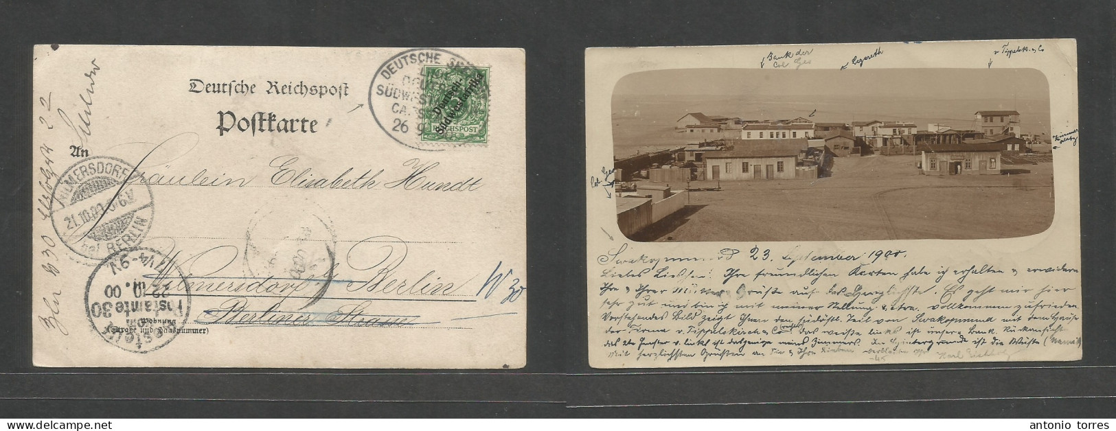 German Col-South W.Africa. 1900 (23 Sept) Swakopmund - Berlin, Germany (21-22 Oct) Early Photo Card Fkd Ovptd Issue. 5pf - Other & Unclassified