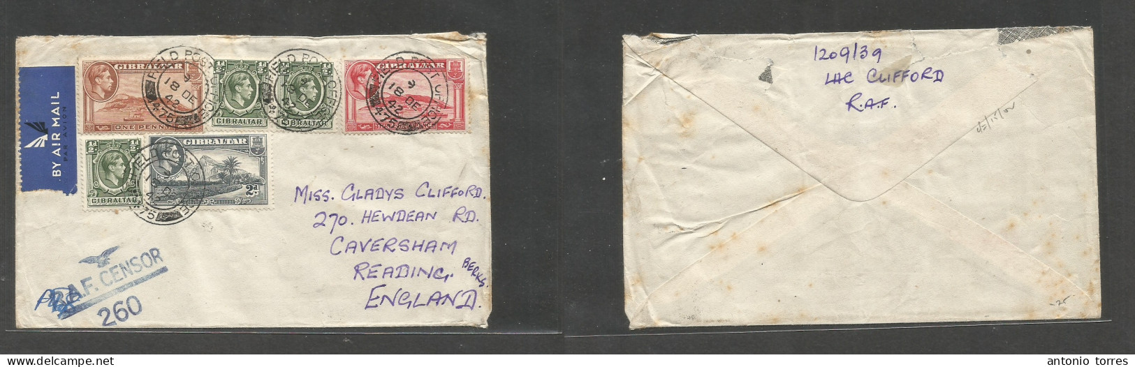 Gibraltar. 1942 (18 Dec) Field PO - England, Reading. Air Multifkd Env, RAF Censor, Tied Cds. Very Attractive Item. - Gibilterra